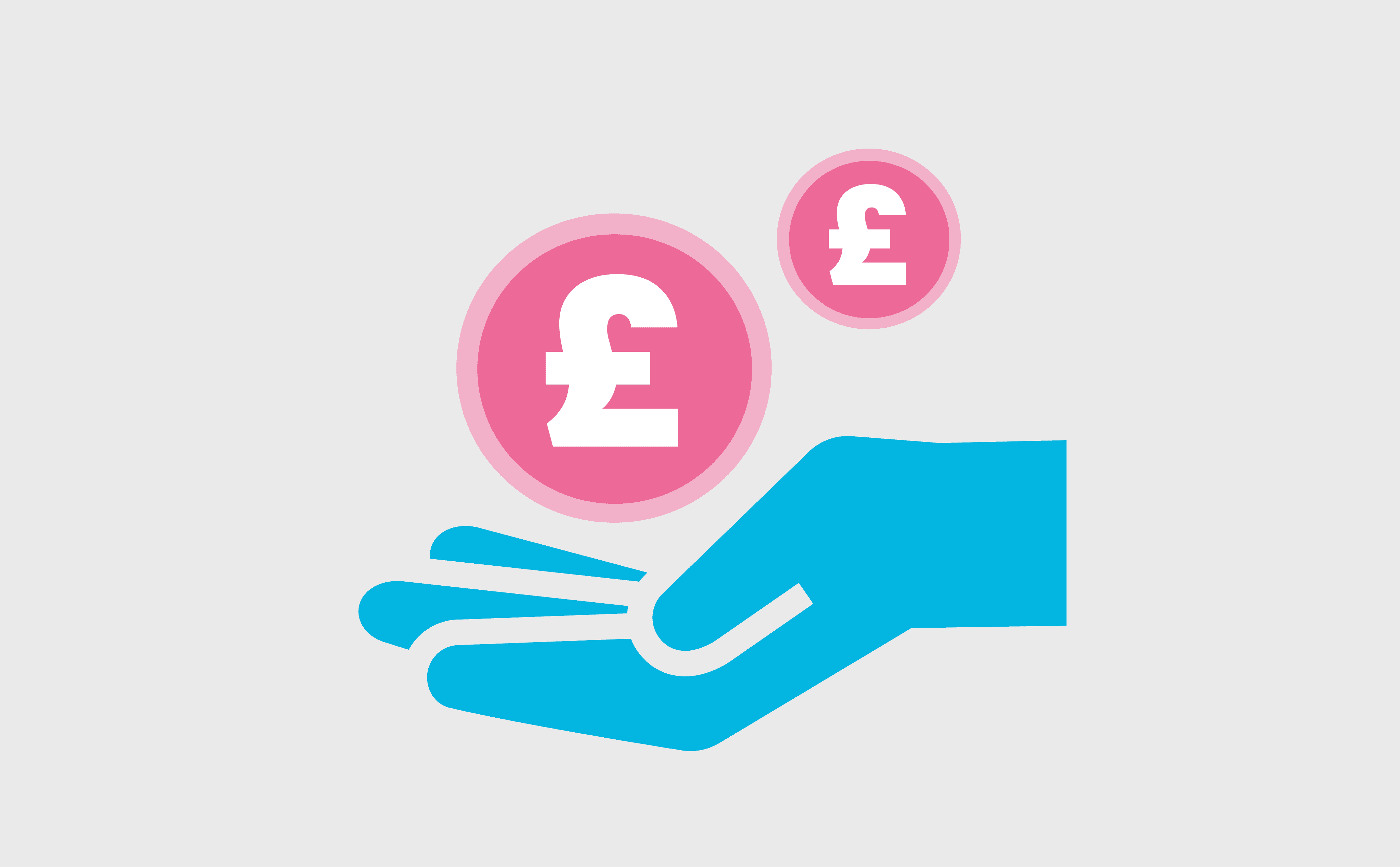 Blue hand holding pink coins with white pound symbols