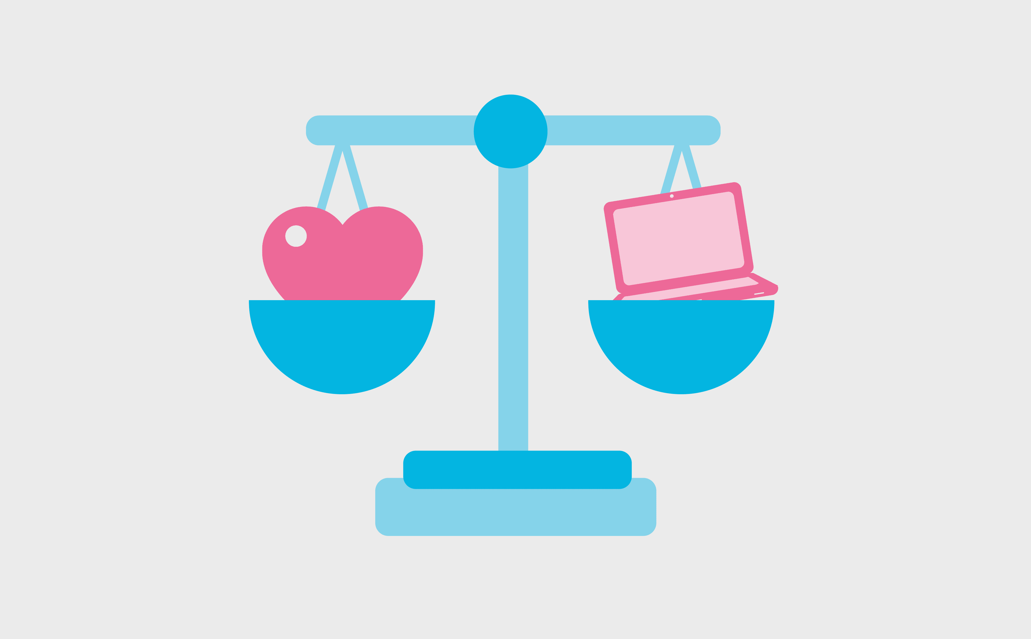 A blue balance scale weighing a pink heart against a pink laptop on opposite sides