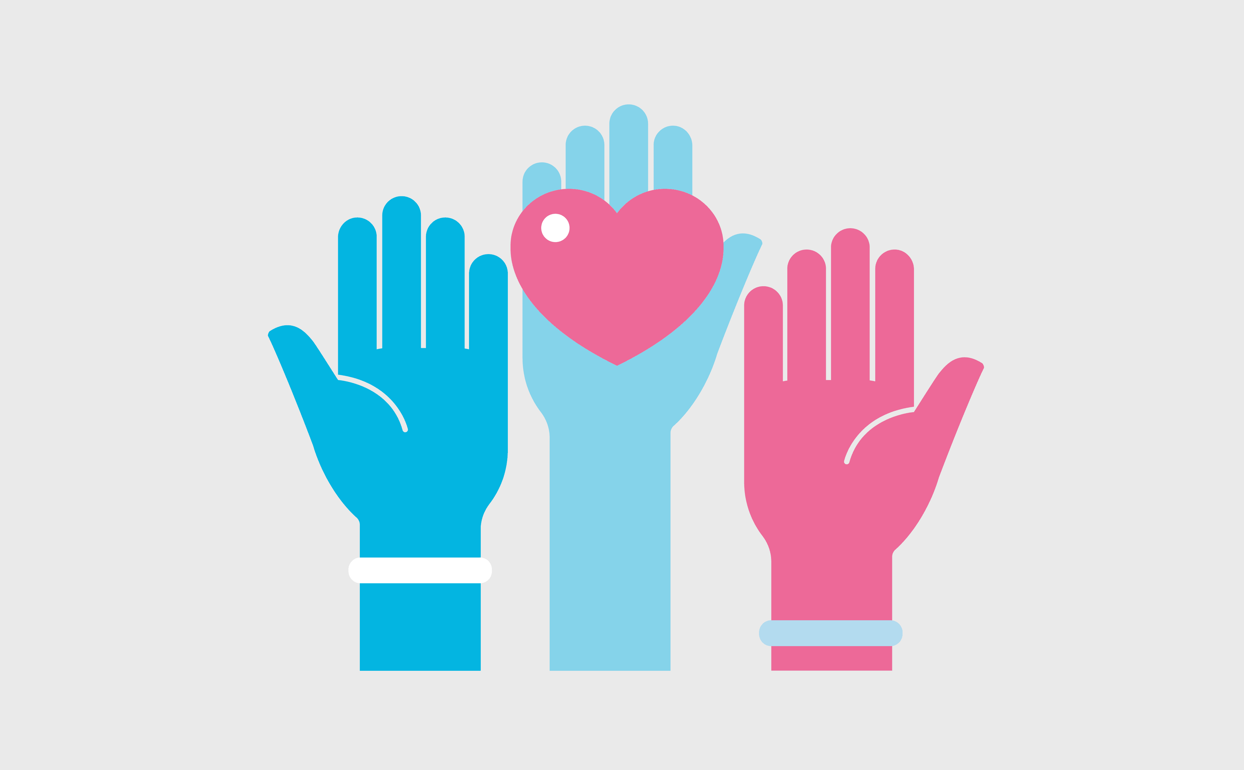 Three hands raised, with the centre hand holding a pink heart