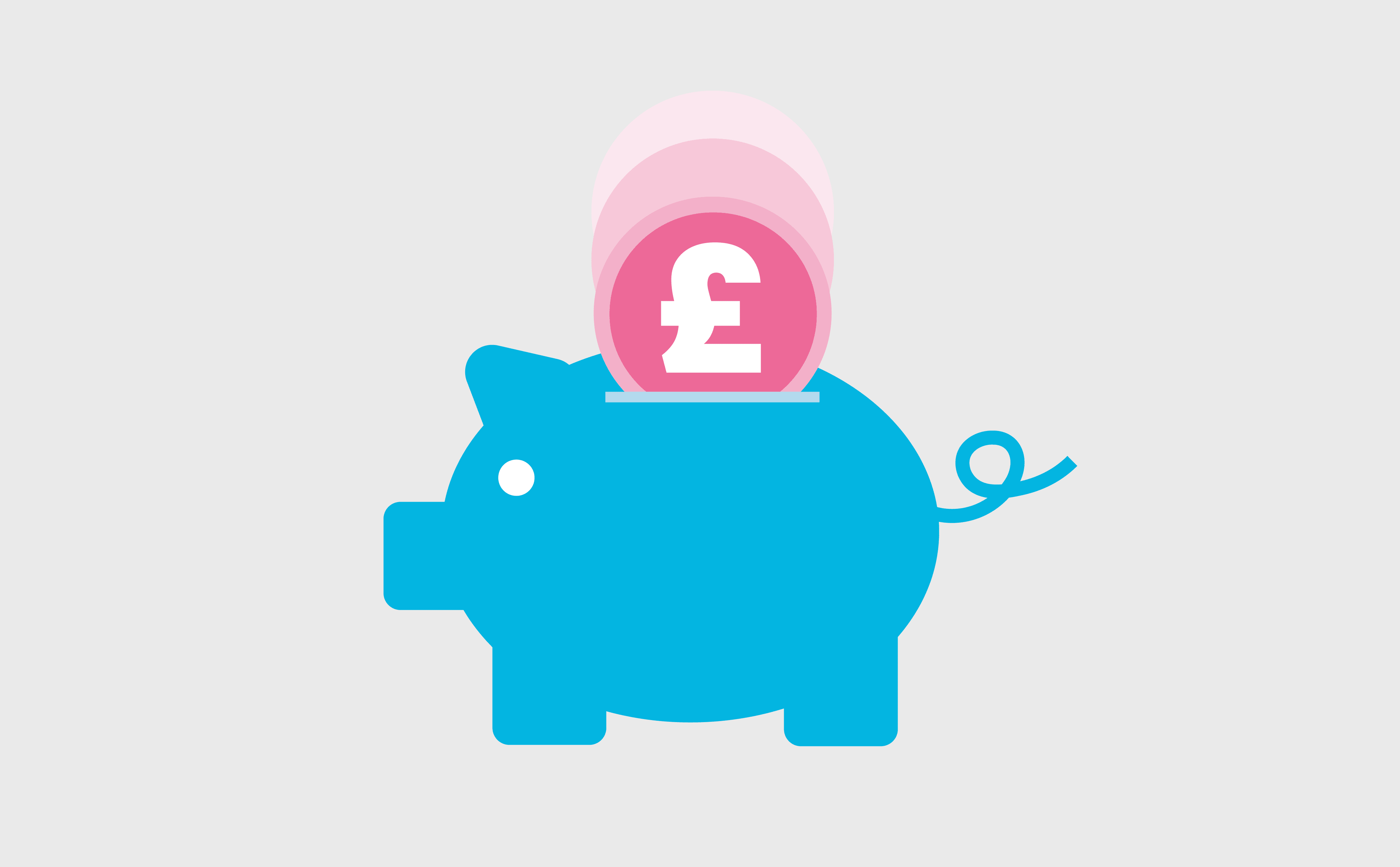 Blue piggy bank receiving a pink coin with a British pound symbol dropping into its slot